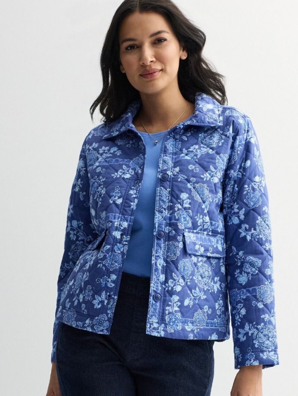 Croft & Barrow Collared Quilted Blue Floral Jacket New With Tags